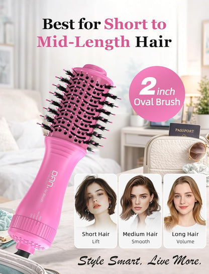 Mini Travel Ceramic Blow Dryer Brush for Short to Medium Hair, 2 Inch Oval Styling Hot Air Brush with 3 Heat Settings, Lightweight Volumizing & Smoothing Tool, 120V, Pink