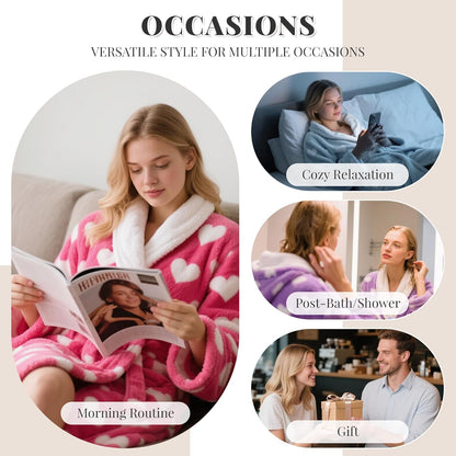 HEARTNICE Womens Flannel Hooded Robes, Soft Warm Long Printed Fluffy Women Bathrobe with Pockets for Shower House Loungewear