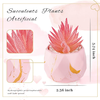 Der Rose Set of 2 Fake Succulent Plants Mini Artificial Plants in Shatterproof Gold-Streak Pots, Pink Room Decor for Bathroom Vanity, Office Desk Accessories, Gift for Women