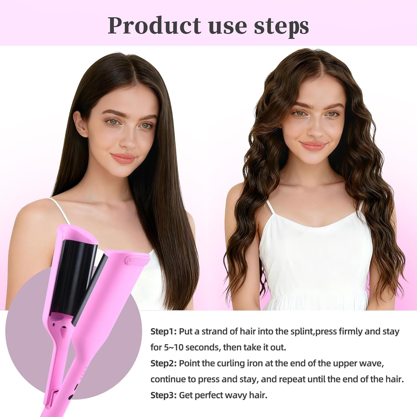 NONK Power Curling Iron Hair Crimper Waver, Ceramic Double Barrel Curling Wand, 1.25 Inch, Dual Voltage, Anti-Scald, Easy to Use, Hot Tools for Women, Pink, Gifts for Women