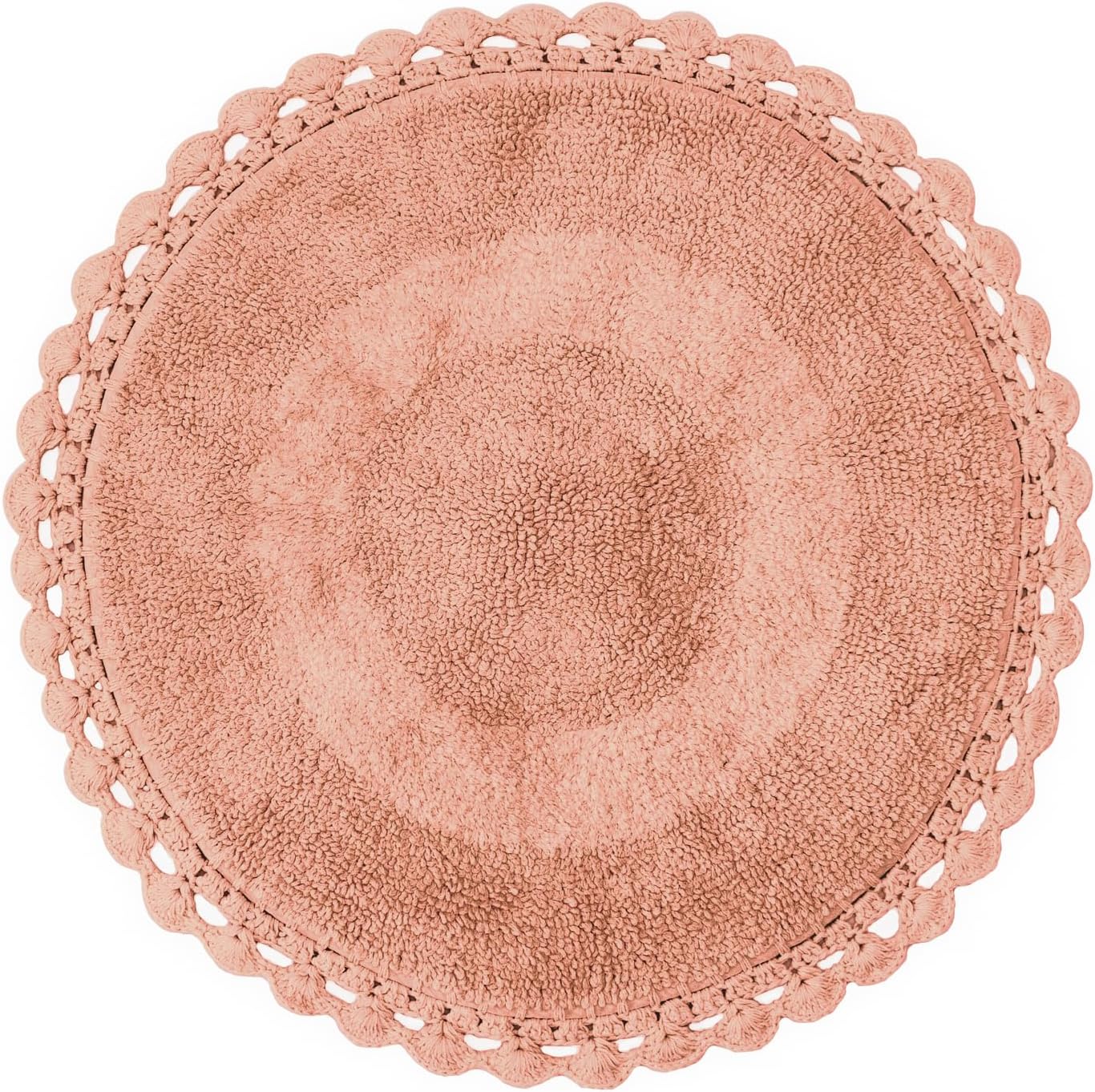 BIEN BEAU Unique Round Boho Bath Mat with Crochet Contour - 100% Cotton Boho Bathroom Rugs -Reversible - Decorative Non-Slip Bohemian Rug for Bath and Bedroom - Cute Decor - Blush Pink 30"