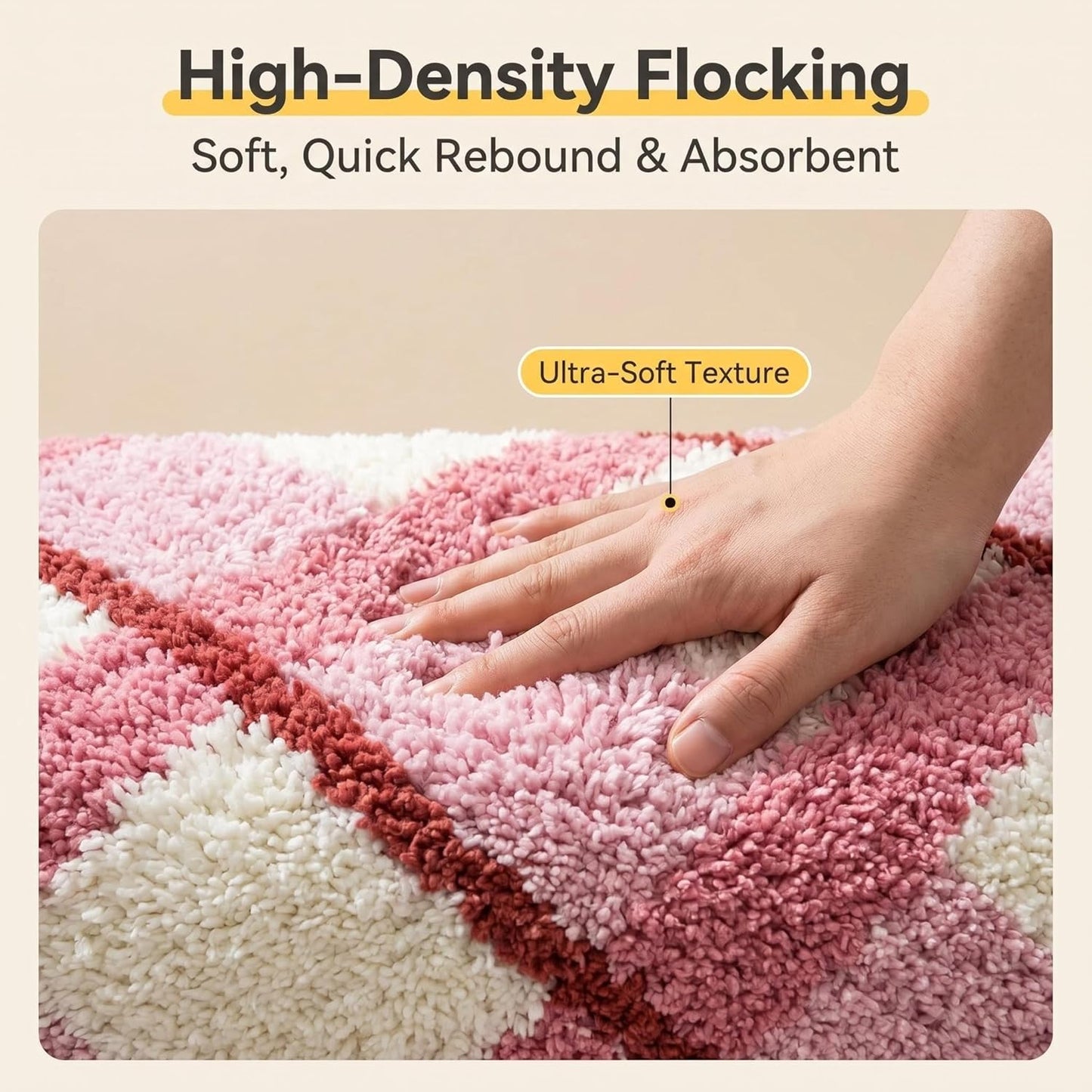 GIB Bathroom Runner Rug Mat 63" x 20", Extra Soft Absorbent Plush Fluffy Bath Rugs, Non-Slip Washable Bath Mats for Bathroom Floor Shower Bedroom Decor, Soft Pink & Cream Checkered with Red Accents