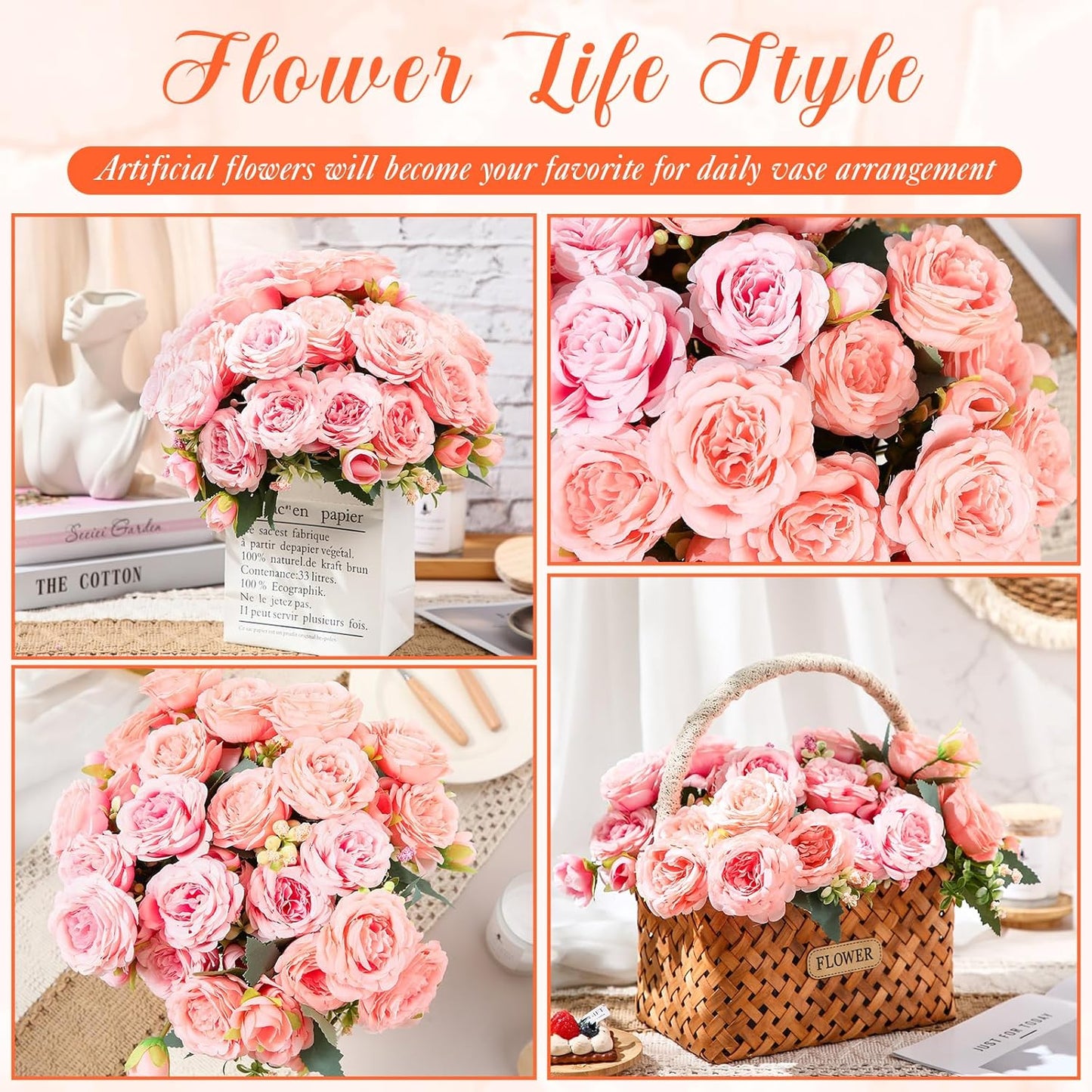 Geosar 8 Bundles Artificial Peonies Flowers Fake Silk Peony Bouquet Faux Peonies Flowers Bulk for Decoration Vase Floral Arrangements Wedding Party Table (Peach Pink,Light Pink)