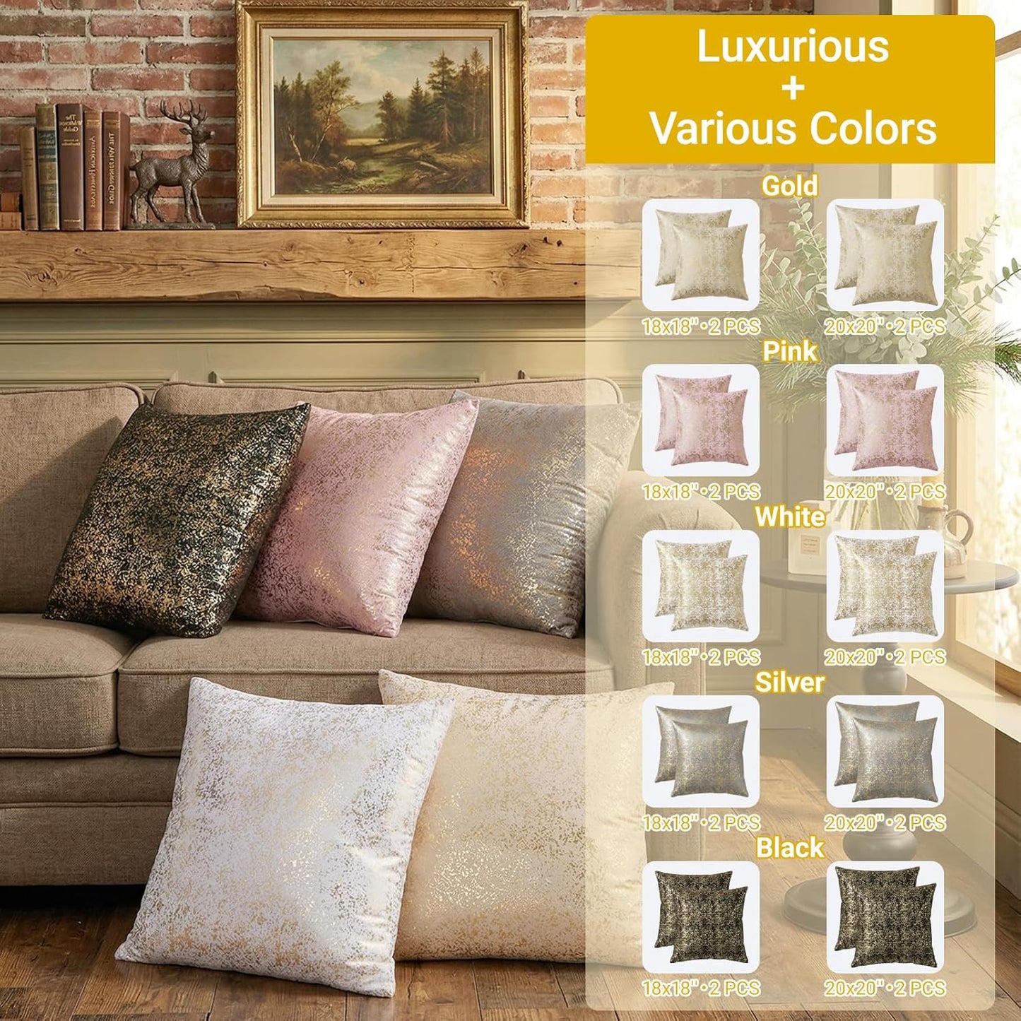 Q&J FABRIC CO. 2 Pack Velvet Throw Pillow Covers 20x20'', Luxury Dutch Fleece Soft Square Cushion Cases Gold Foil Embossed for Sofa & Home Decor Pink