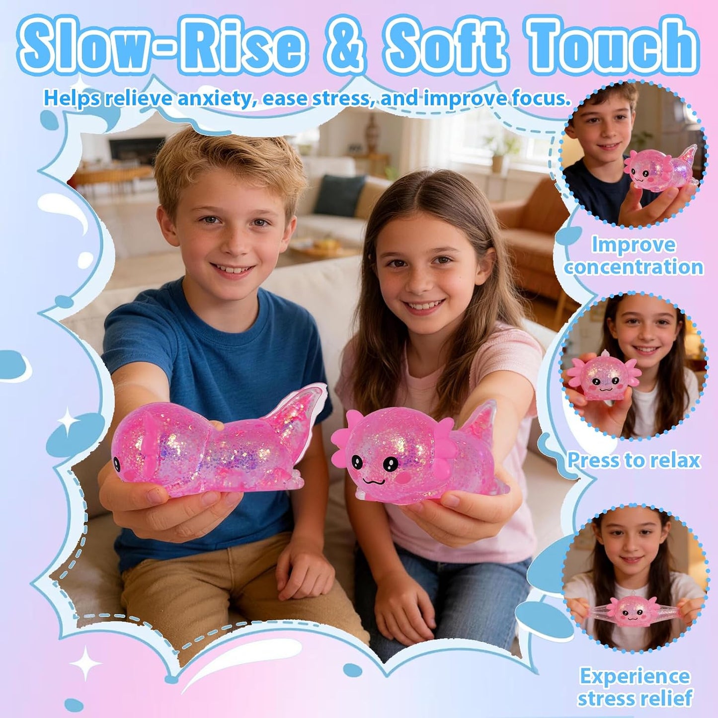 Axolotl Squishy Toy, Cute Slow Rising Fidget Toy for Stress Relief, Soft Squeeze Sensory Toy for Kids and Adults, Handheld Stress Ball for Anxiety and Focus(Pink)
