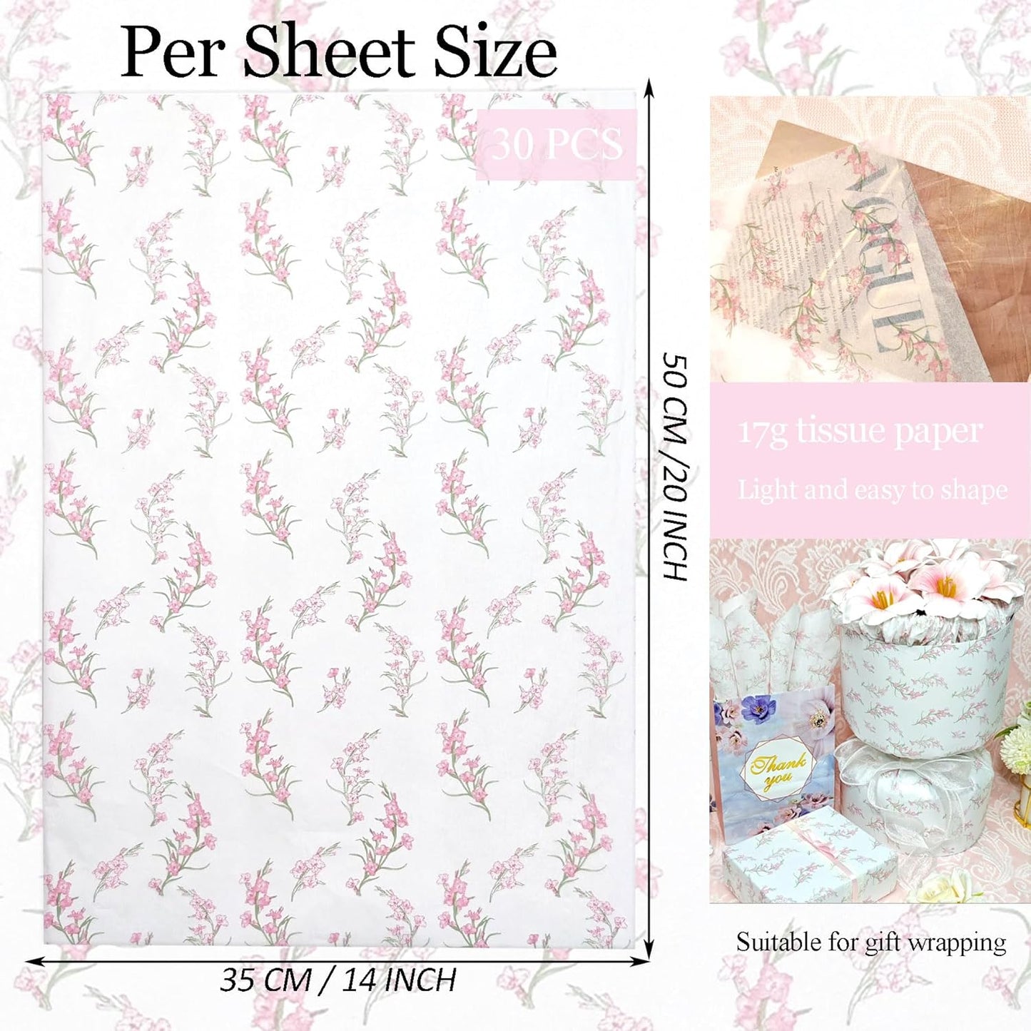 Floral Tissue Paper, White with Pink Gladiolus Flowers Pattern- 30 Sheets, 20x14 In, Gift Wrapping Tissue Paper for Gift Bags, Bouquet Packaging for Wedding Baby Shower DIY Crafts Birthday Party Decor