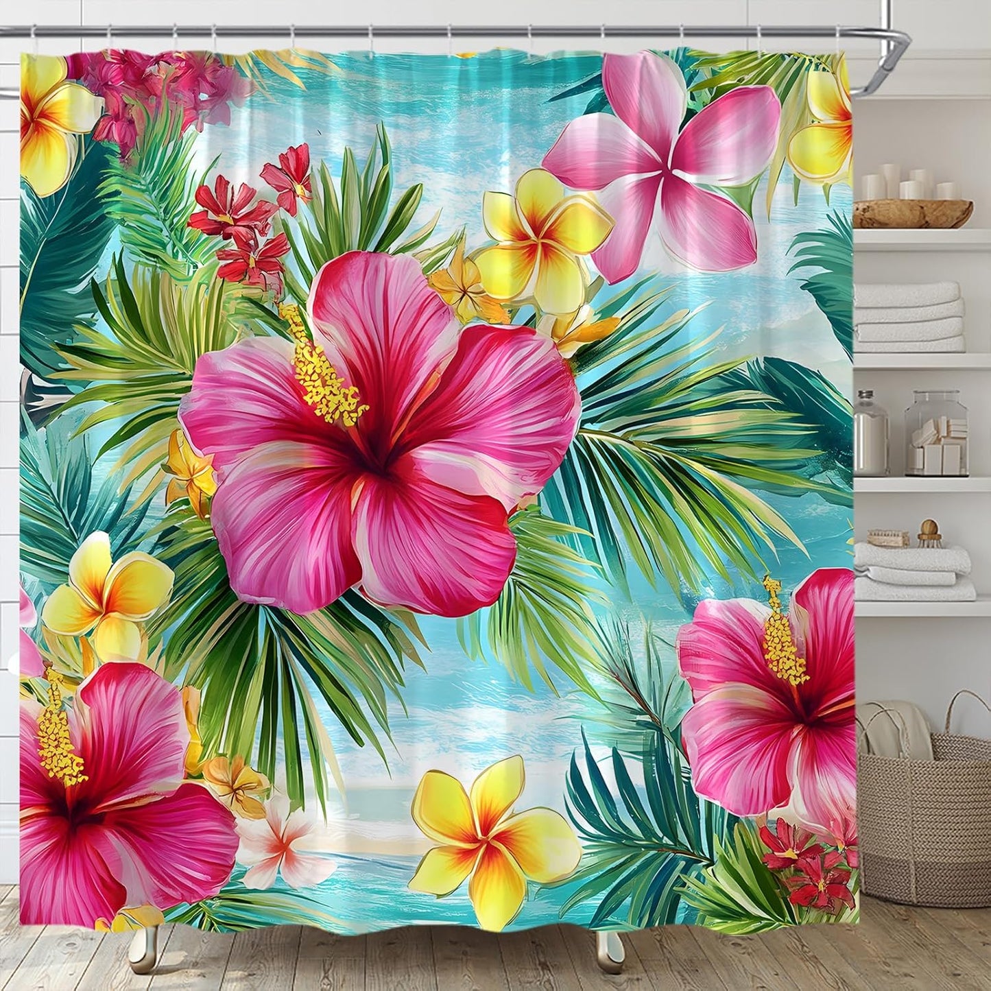 Tropical Flower Shower Curtain Blooming Pink Hibiscus Green Palm Leaf Rainforest Floral Leaves Plants Botanical Home Fabric Bathroom Decor Set Include Hooks,70" WX70 H