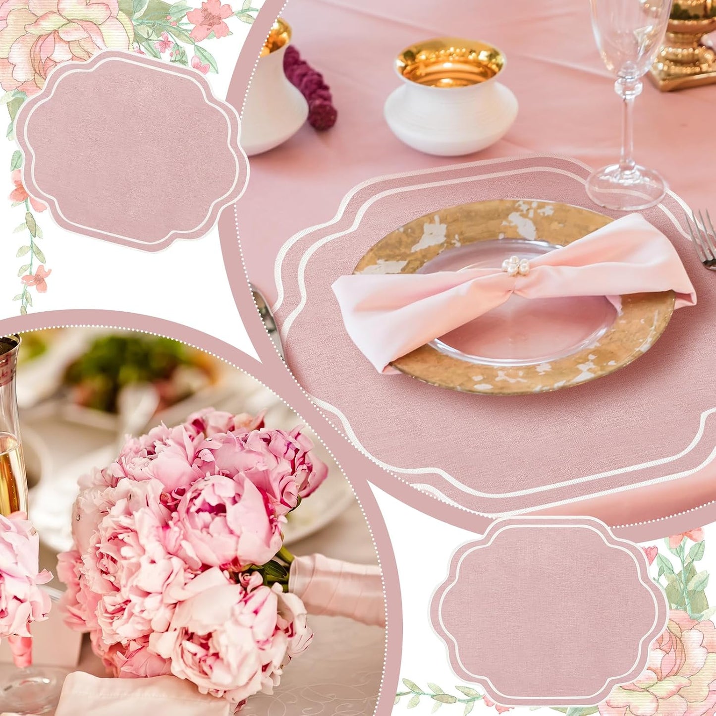Breling 6 Pcs Pink Wedding Placemats Scalloped Embroidered Cotton Linen Placemats 17" x 13" Double Layered Machine Washable Table Place Mat for Party Table Decor (Cotton)