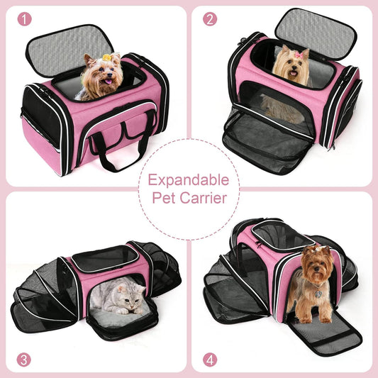 Estarer Soft Sided Pet Carrier Airline Approved, 4 Sides Expandable Collapsible Cat Carrier with Pockets & Removable Fleece Pad, Travel Carrier Bag for Cat Dog & Small Animals (Pink)