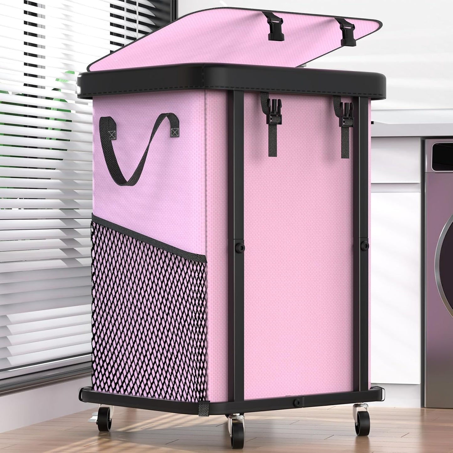 150L (40 Gal) Large Fashion Laundry Basket with Wheels, Leather Patchwork Rolling Hamper Carts, Sturdy Metal Frame, Removable Washable Bag, Tall Clothes Sorter for Bedroom (Pink, 1 Section-150L)
