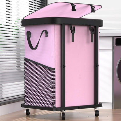 150L (40 Gal) Large Fashion Laundry Basket with Wheels, Leather Patchwork Rolling Hamper Carts, Sturdy Metal Frame, Removable Washable Bag, Tall Clothes Sorter for Bedroom (Pink, 1 Section-150L)