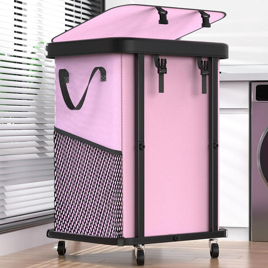 150L (40 Gal) Large Fashion Laundry Basket with Wheels, Leather Patchwork Rolling Hamper Carts, Sturdy Metal Frame, Removable Washable Bag, Tall Clothes Sorter for Bedroom (Pink, 1 Section-150L)