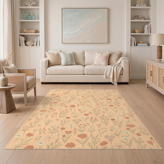 5'x7' Washable Cottagecore Floral Area Rug, Peach Non-Shedding Pet Friendly Carpet for Small Living Room, Playroom, Bedroom, Easy Care Kids Safe Mat | Ref:2208623