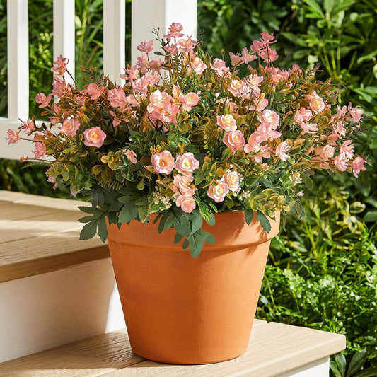 RM ROOMERS Artificial Flowers Plants for Outdoors, Fake Flowers Pink Mini Rose Faux Flower for Garden Porch Windowbox Front Door Yard Wedding Home Decor Indoor Vase (4 Bundles)