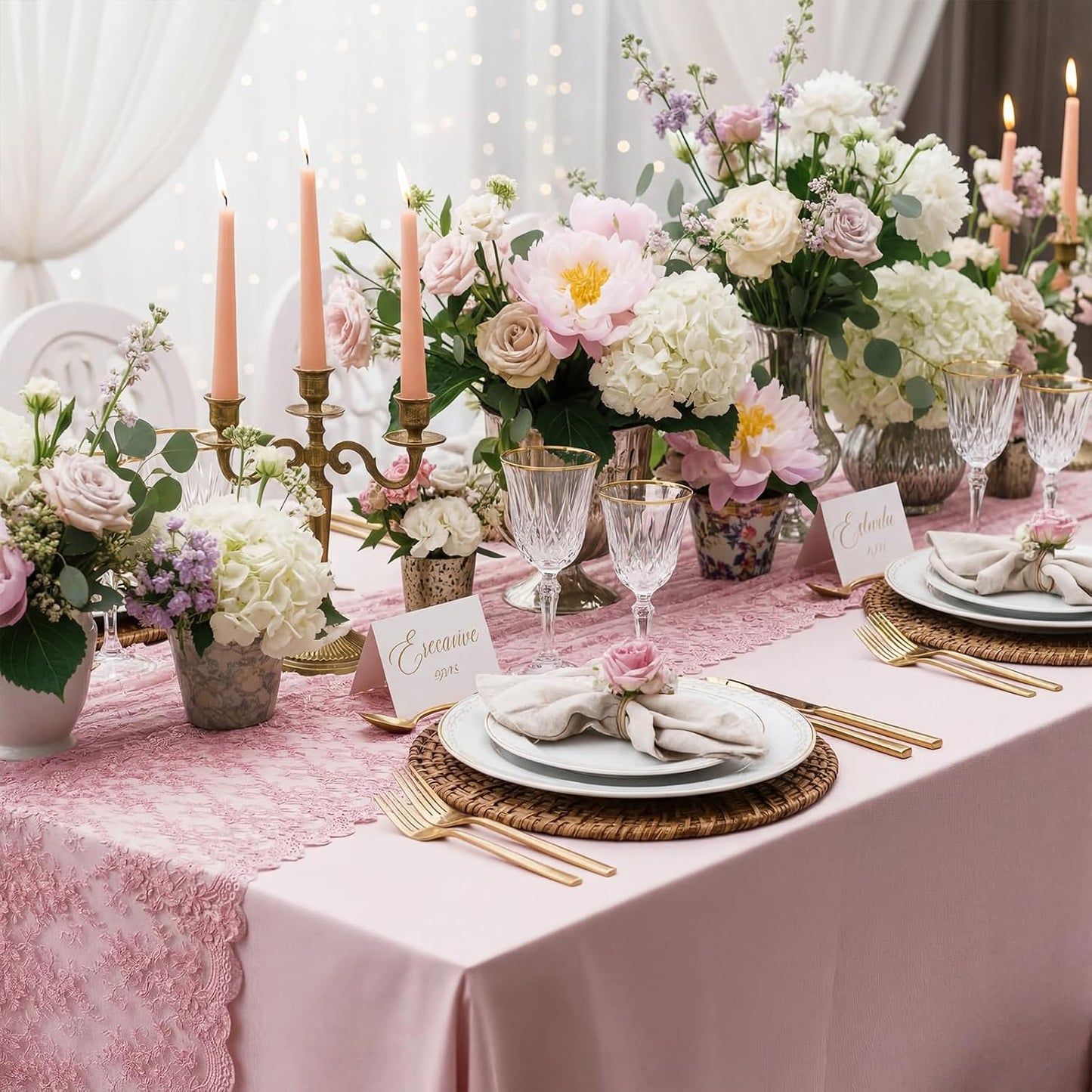 Newwiee 10 Pcs Rose Pink Lace Table Runner 31.5 x 120 Inch Embroidered Floral Cloths Romantic Table Runner for Wedding Bridal Shower Birthday Party Decorations