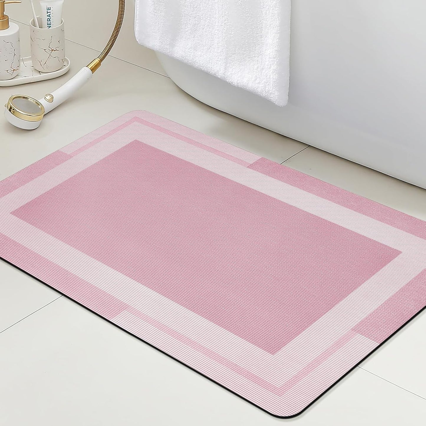 ACCUMTEK Non Slip Bath Mat, Thin Bathroom Rugs Fit Under Door, Quick Dry Bath Mats, Machine Washable Bath Rugs for Bathroom, Bathtub & Kitchen, Bathtub & Kitchen, Pink/Bordered/24 x17