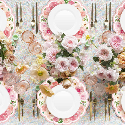 50 Pcs Pink Floral Paper Placemats Disposable,13.4 Inch Watercolor Roses Floral Round Place Mats Spring Summer Table Mats for Birthday Wedding Banquet Bridal Shower Party Supplies