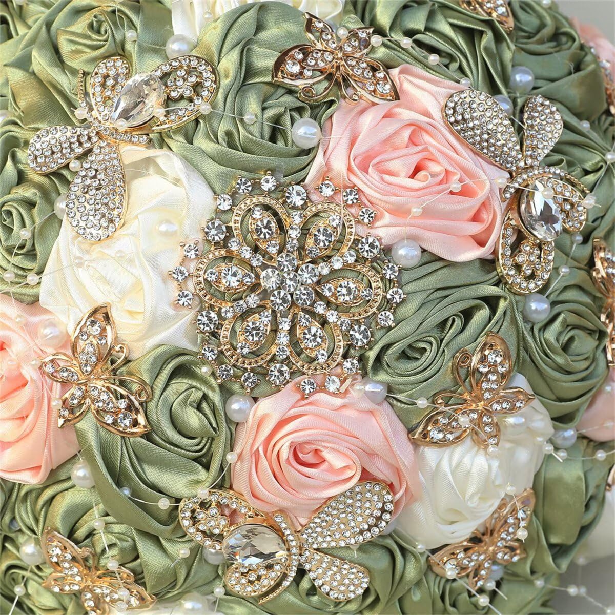 Handmade Rhinestone Bridal Bouquet for Wedding Round Tossing Bouquet Artificial Flower Bunch for Bride Bridesmaid (Sage+Ivory+Peach Pink, Small (Dia. 7.5"/18cm))