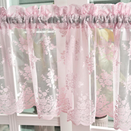 Kotile Pink Sheer Valance for Windows, Country Rustic Floral Short Lace Cafe Curtain 18 Inch Length, Light Filtering Rod Pocket Lace Valance Curtain, 52 x 18 Inch, 1 Panel, Pink