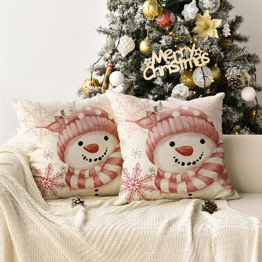 AVOIN colorlife Winter Snowman Snowflake Bird Throw Pillow Covers Set of 2, 18 x 18 Inch Pink Seasonal Christmas Holiday Cushion Case Decoration for Sofa Couch