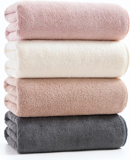 sakano Quick-Drying Microfiber Towel Set - 4-Piece Mixed Color Bath Towel Set, Highly Absorbent, Lint Free Design for Bath, Beach, and Gym -Pink+White+Khaki+Dark Gray, 28 x 55 inches