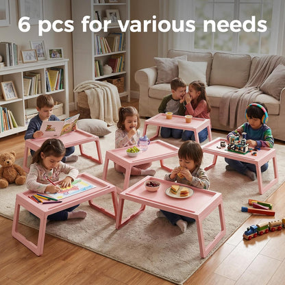 6 Pack Bed Breakfast Tray with Foldable Legs, Cute Pink Eating Kids Lap Trays Table, Serving Food Trays with Phone Slots for Sofa Bed Eating Studying Working