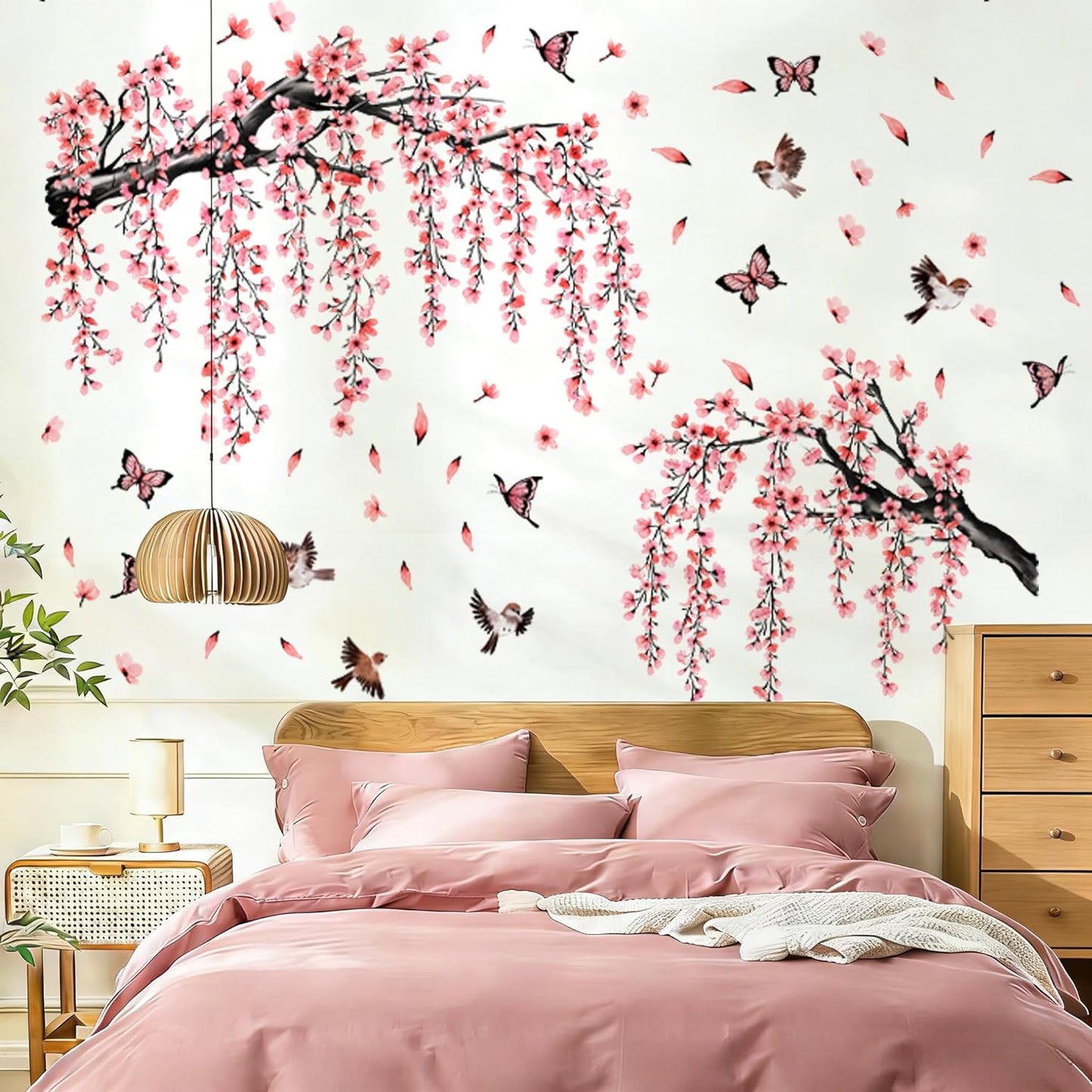 Cherry Blossom Tree Branch Wall Stickers Pink Floral Birds Wall Decals Hanging Flowew Vine Butterfly Petals Home Art Stickers Living Room Bedroom Tv Background Decor