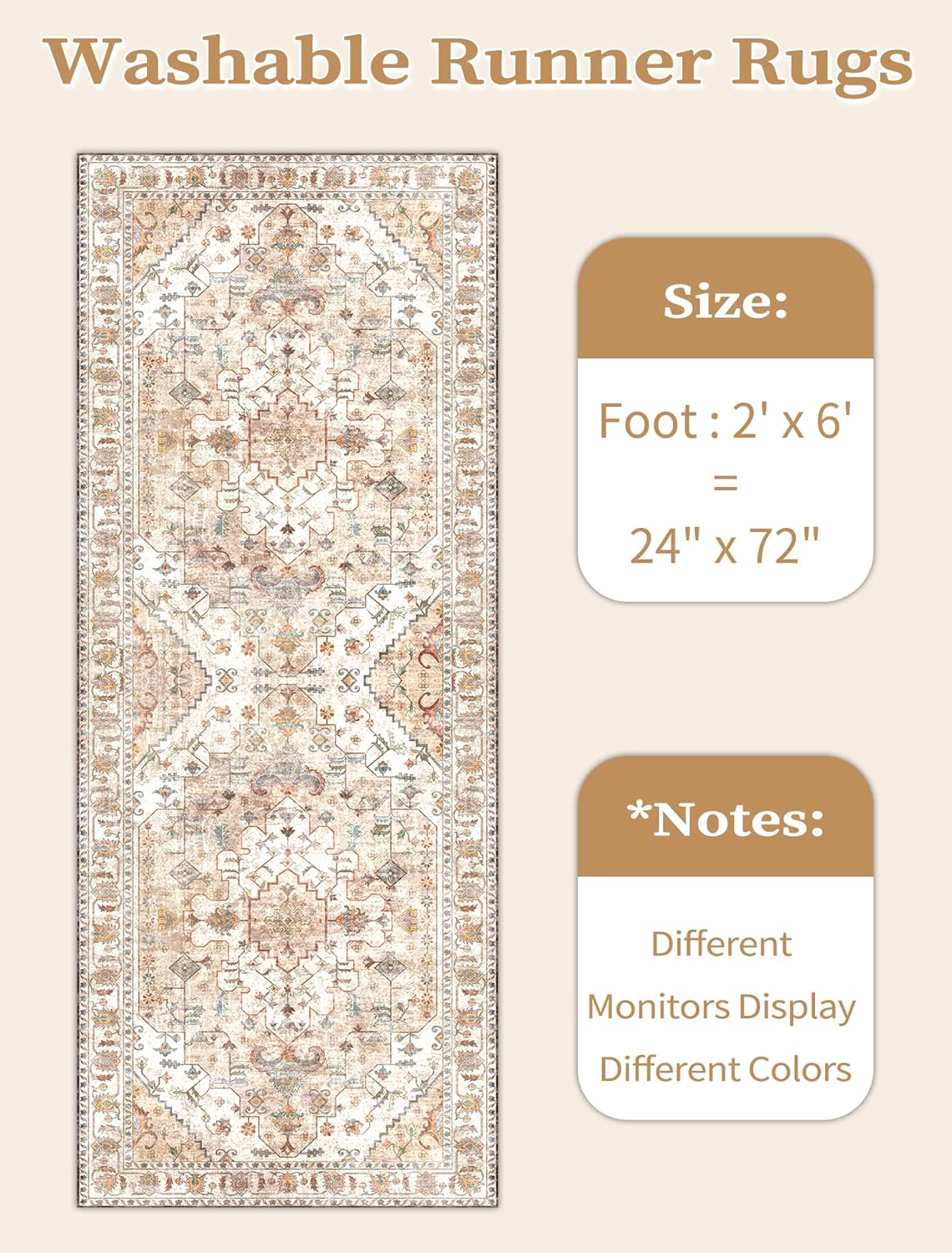 SERISSA Boho Washable Runner Rug, 2x6 Rug Non-Slip Vintage Peach Cream Hallway Kitchen Runner Rug Ultra Soft Print Distressed Floor Carpet for Bedroom Bathroom Laundry Living Room