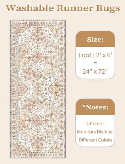 SERISSA Boho Washable Runner Rug, 2x6 Rug Non-Slip Vintage Peach Cream Hallway Kitchen Runner Rug Ultra Soft Print Distressed Floor Carpet for Bedroom Bathroom Laundry Living Room