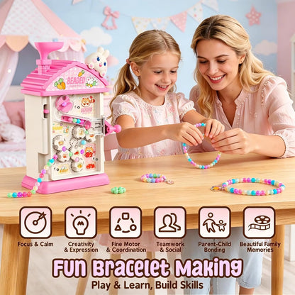 MAGTHIC Charm Bracelet Making Kit- Automatic Hand-Crank Pink House Toys that Inspires Creativity and Imagination, DIY Beaded Jewelry Maker Kit, Friendship Bracelets Birthday Gift for Girls Kids 6-12