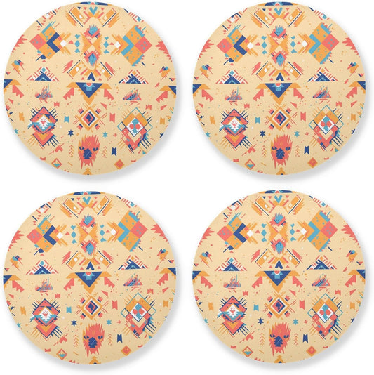 Colorful Aztec Pattern Peach Round Coaster 4 Piecing Set Cork Base Cups Place Mats for Home Decor, Bar, Coffee