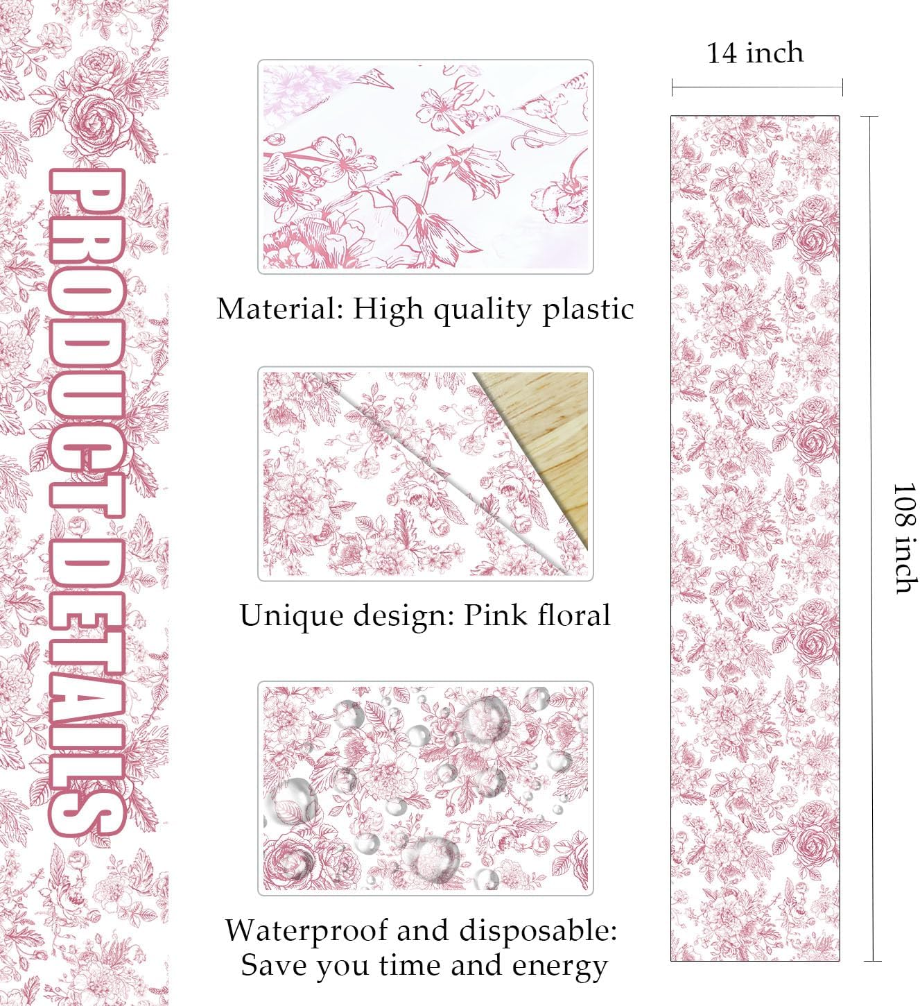 6 PCS Pink Floral Table Runner 14 x 108 Plastic Flower Table Runner for Party Birthday Baby Shower Bridal Shower Wedding Disposable Table Runners