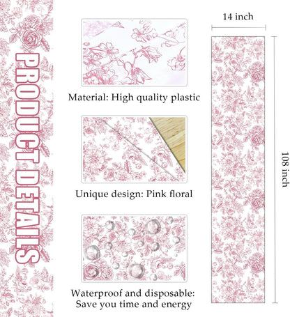 6 PCS Pink Floral Table Runner 14 x 108 Plastic Flower Table Runner for Party Birthday Baby Shower Bridal Shower Wedding Disposable Table Runners