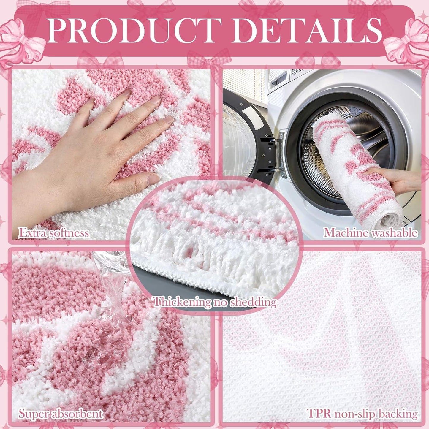 Fourluoo 18 Pcs Pink Bow Shower Curtain Set with 12 Decorative Shower Curtain Hooks Pink Bow Knot Bathroom Towels Coquette Non Slip Absorbent Microfiber Rug for Christmas Modern Aesthetic Bathroom