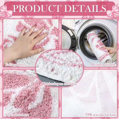 Fourluoo 18 Pcs Pink Bow Shower Curtain Set with 12 Decorative Shower Curtain Hooks Pink Bow Knot Bathroom Towels Coquette Non Slip Absorbent Microfiber Rug for Christmas Modern Aesthetic Bathroom