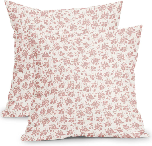 Vintage Floral Pillow Covers 18x18 Inch Pink and Cream Block Print Outdoor Decorative Throw Pillows Set of 2 Rustic Neutral Boho Accent Pillowcases for Couch