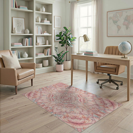 4'x6' Washable Flatwoven Rug, Peach Watercolor Floral Easy Care Throw Carpet for Dorm Room, Small Living Room, Apartment, Stain Resistant Low Profile Floor Covering | Ref:2111812