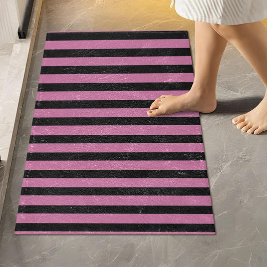 Black Rosy Pink Stripes Bathroom Rug, Non Slip Dry Quickly Bath Mat, Absorbent Soft Bath Rug, Home Decor Accessories, 24"x16"