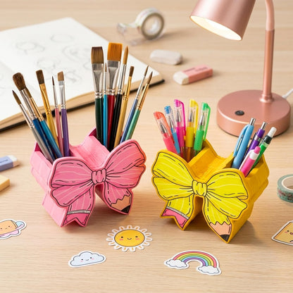 WATINC Bow Pencil Holder for Desk - 2pcs Cute Bowknot Pen Dispenser Wooden Desk Organizer for Back to School Office Home Decor Supplies, Funny Gift Makeup Brush Stand for Women (Yellow Pink)