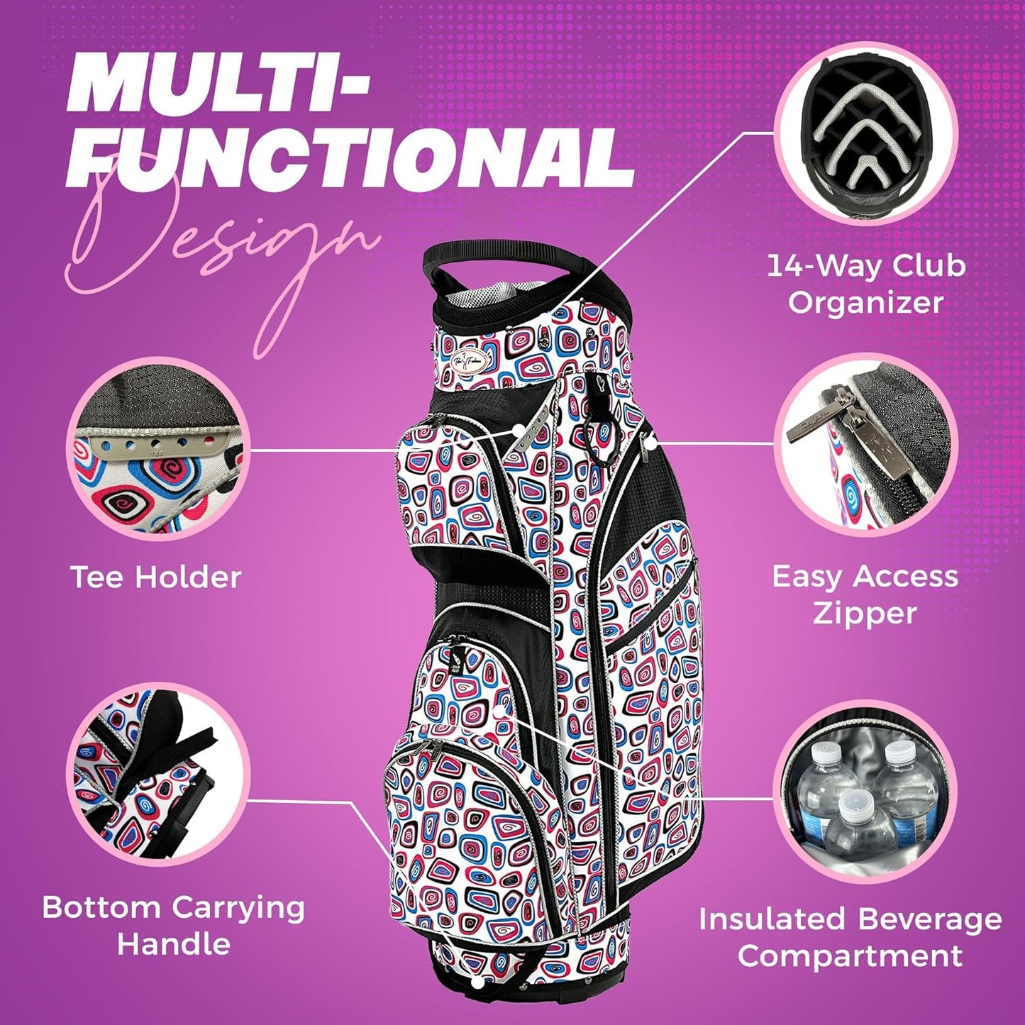 Taboo Fashions Ladies Golf Bag - 14-Way Women’s Golf Cart Bag with Insulated Cooler Pocket, Rain Hood, 7 Zippered Pockets & More - Stylish Golf Accessories for Women