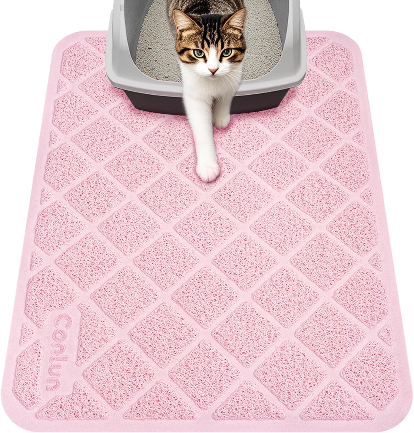 Conlun Cat Litter Mat Litter Trapping Mat, 24" x 17" Premium Durable PVC Grid Mesh with Scatter Control, Non-slip, Less Waste Cat Litter Box Mat, Pink
