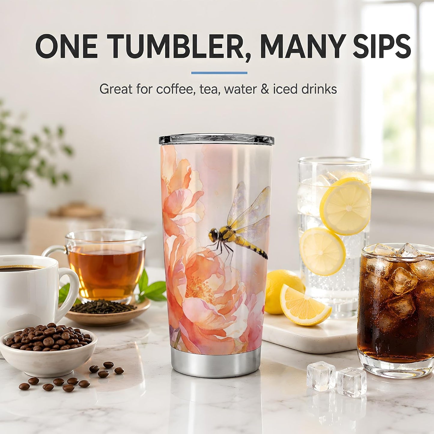 Dragonfly Peach Floral 20oz Tumbler, Dragonfly Tumbler, Drinkware for Office Travel, Yellow Insect With Translucent Wings Near Orange Flowers, Watercolor Nature Cup, Nature Lovers