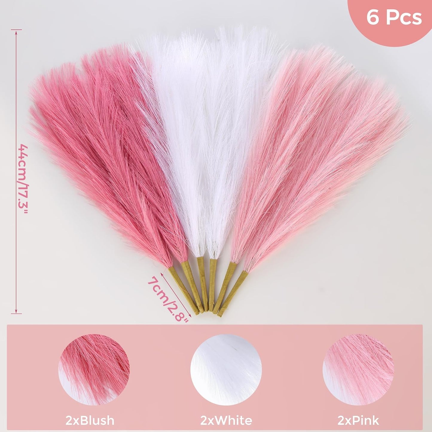 Pink Pampas Grass Decor 17.7 Inch 6pcs, Artificial Pampas Grass for Room Decoration, Blush Faux Pampas for Short Vase, Home Wedding Party Table Centerpieces