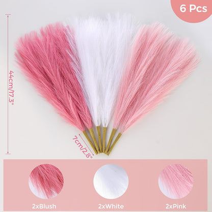 Pink Pampas Grass Decor 17.7 Inch 6pcs, Artificial Pampas Grass for Room Decoration, Blush Faux Pampas for Short Vase, Home Wedding Party Table Centerpieces
