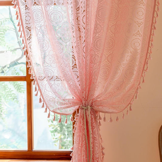 YJ YANJUN Boho Lace Curtains 84 inches Long 2 Panels -Vintage Floral Crochet Sheer Panels with Tassel for Living Room Bedroom Light Filtering Cute Princess Girls Cottage Drapes Light Pink W59 x L84
