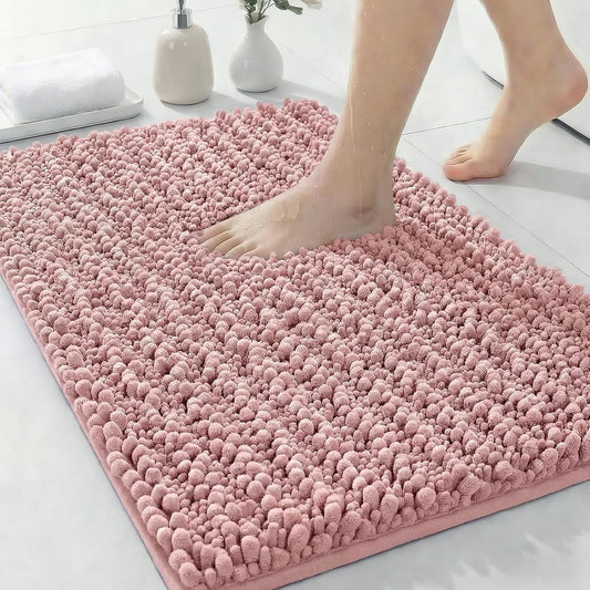 ILANGO Bathroom Rugs Pink 24x17,Extra Soft Absorbent Chenille Bath Rugs,Thick Non-Slip Shaggy Bath Mat,Machine Washable Quick Dry Shaggy Bath Mats for Bathroom Floor, Tub, Shower Accessories