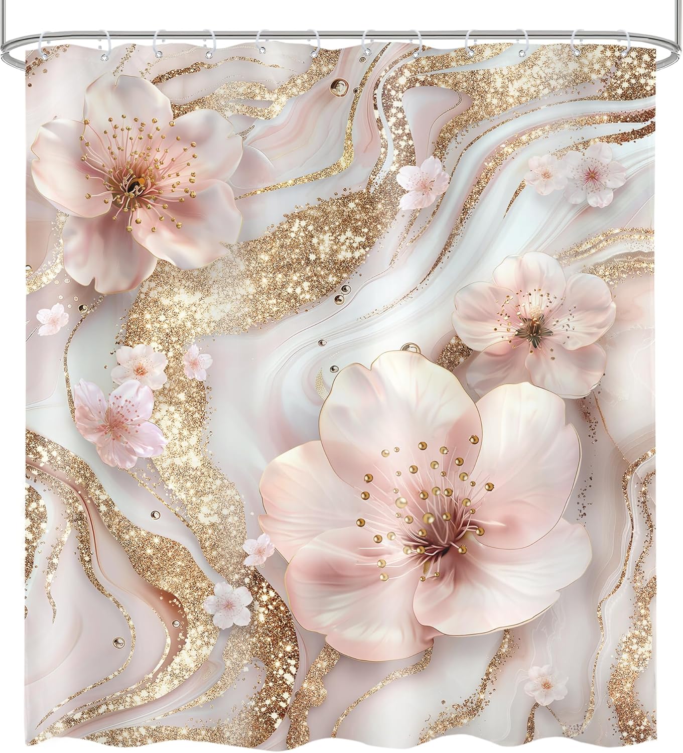 Omifly Pink and White Marble Shower Curtain 60Wx72L Inch Modern Cherry Blossom Abstract Floral Flower Minimalist Gold Ink Texture Luxury with 12 Plastic Hooks Fabric Waterproof Toilet Accessories
