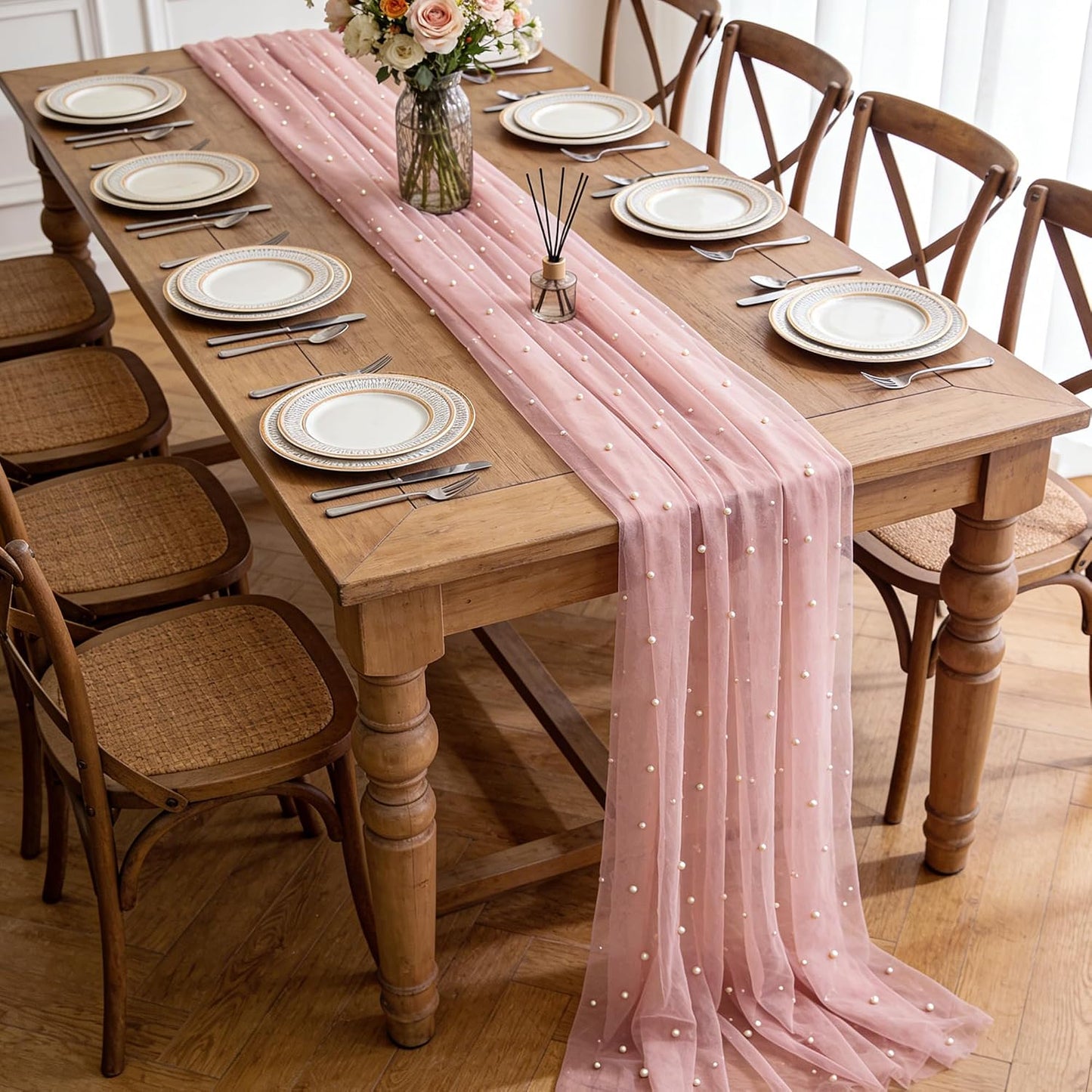 OSVINO Pearl Table Runner 63x120 Inches, Wedding Table Decor Romantic Sheer Chiffon Tulle Lace Fabric, Bridal Veil for Arch Backdrop Bridal Shower Decorations Baby Shower Engagement Party, Pink