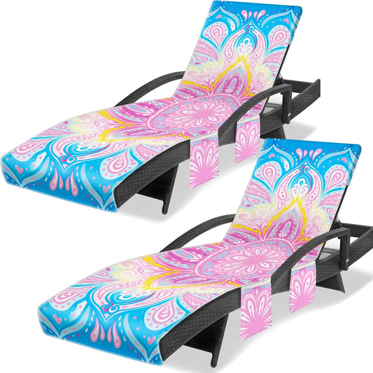 Lounge Chair Towel Cover, Chaise Lounge Cover (Pack of 2), Beach Chair Covers with 3 Pockets for Trips Beach Pool Garden Sunbathing Courtyard, 85 x30 in, Mandala Style Pink Blue