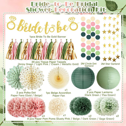 Bridal Shower Decorations, Dusty Pink and Sage Green Bridal Shower Decorations, Boho Bride to Be Wedding Shower Decoration, Bachelorette Party Decoration with paper pompoms, Fans, Tissue Garland